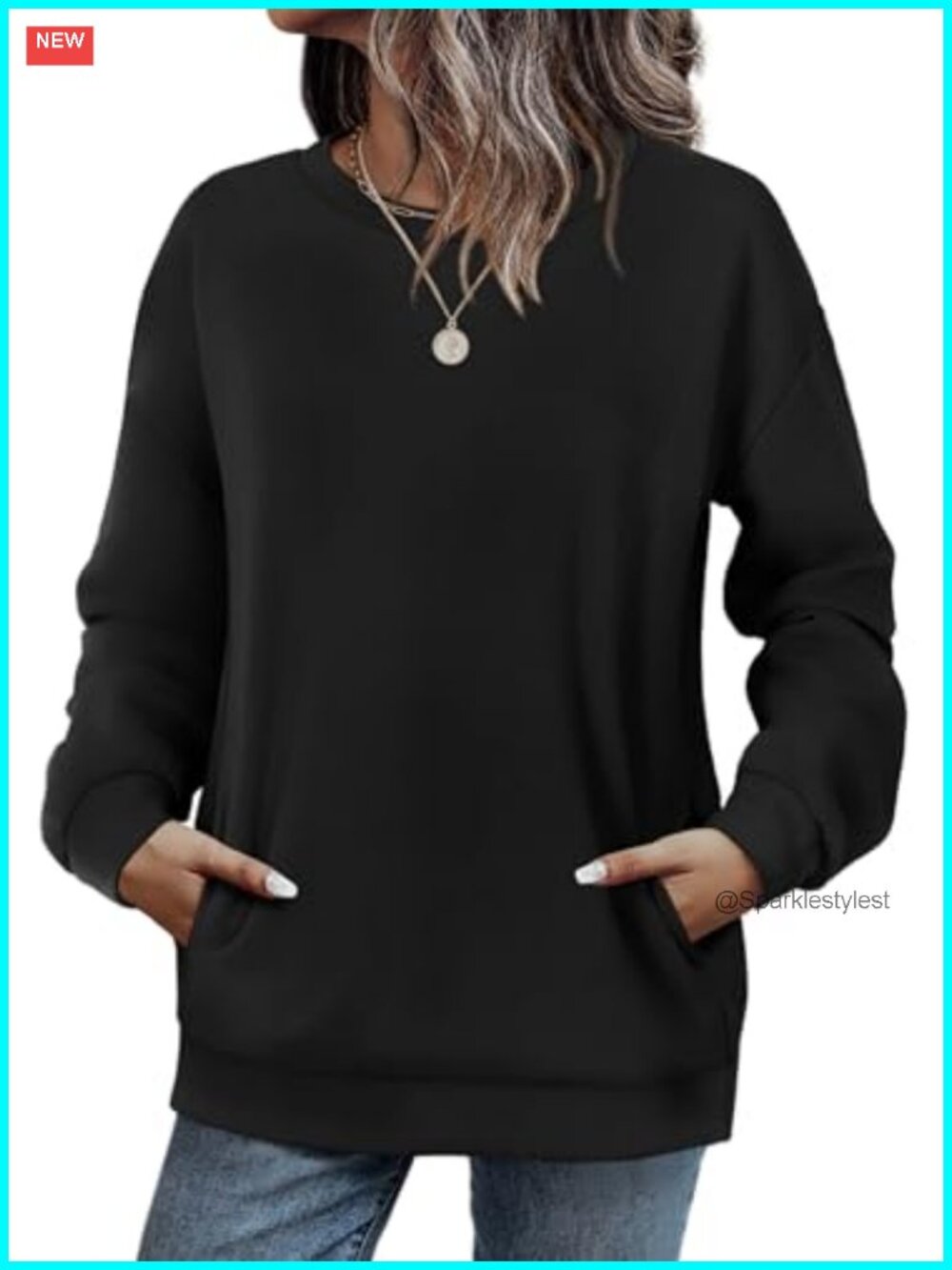 WIHOLL Crewneck Sweatshirt Women Pocket Drop Shoulder Pullover